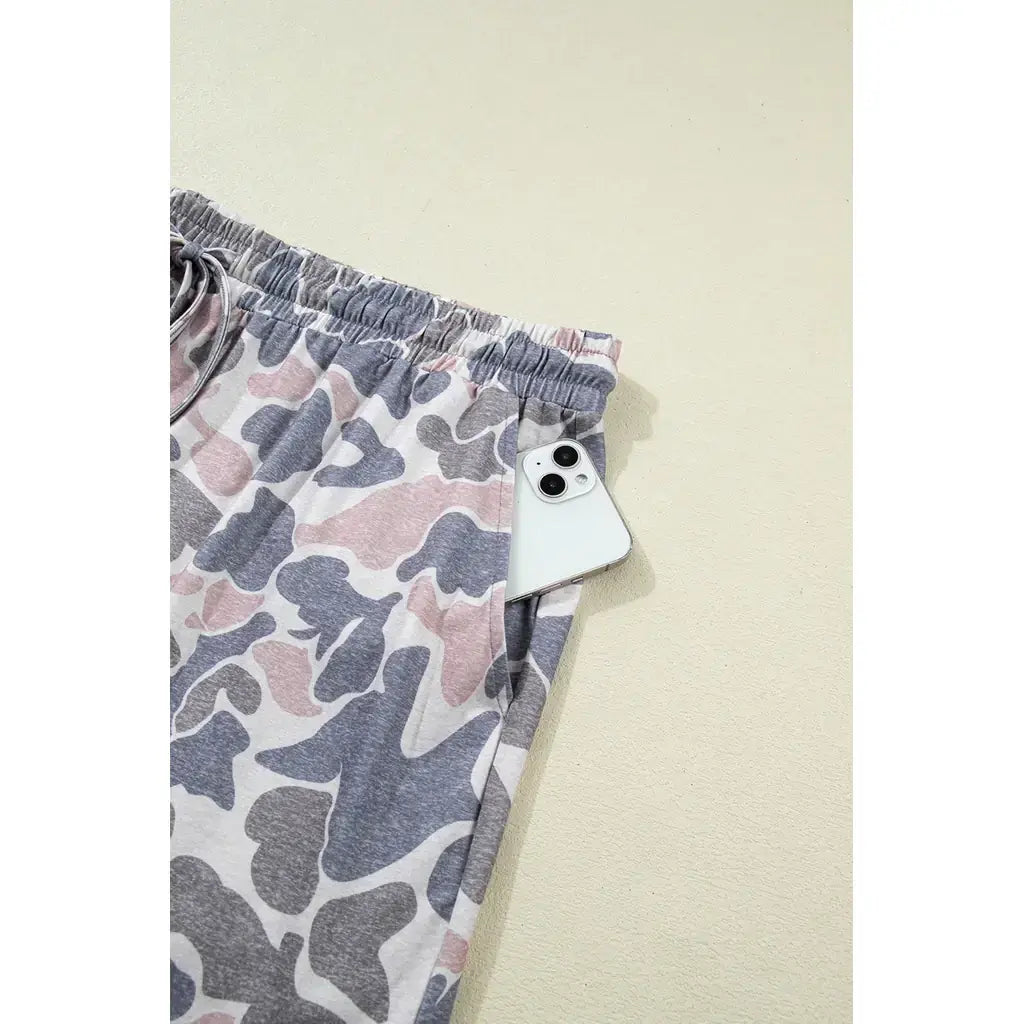 Multicolour Plus Size Camouflage Print Casual Tee and Shorts Set