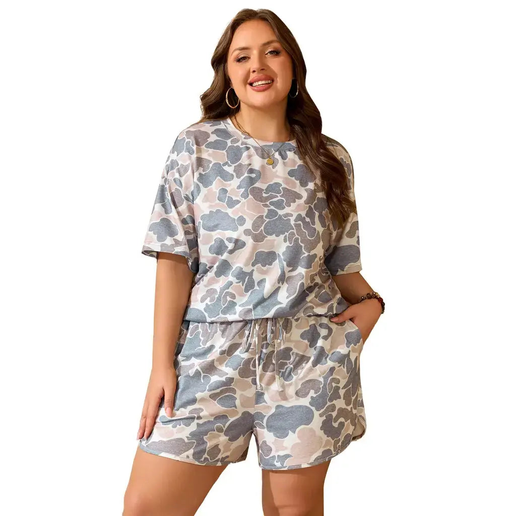 Multicolour Plus Size Camouflage Print Casual Tee and Shorts Set