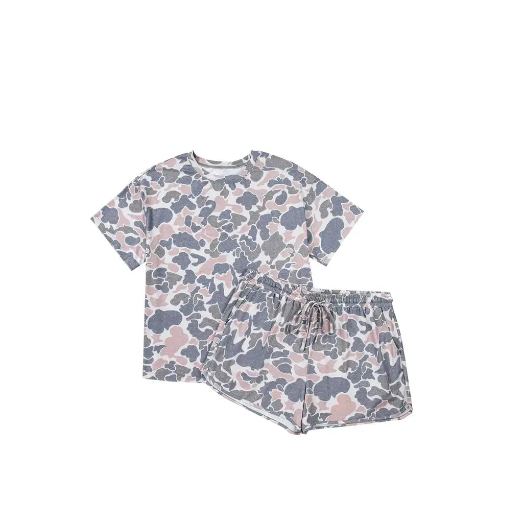 Multicolour Plus Size Camouflage Print Casual Tee and Shorts Set