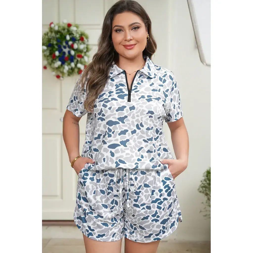 Multicolour Zip up Tee and Short Plus Size Camo Set