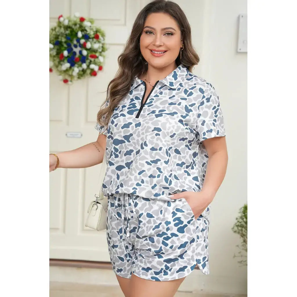 Multicolour Zip up Tee and Short Plus Size Camo Set