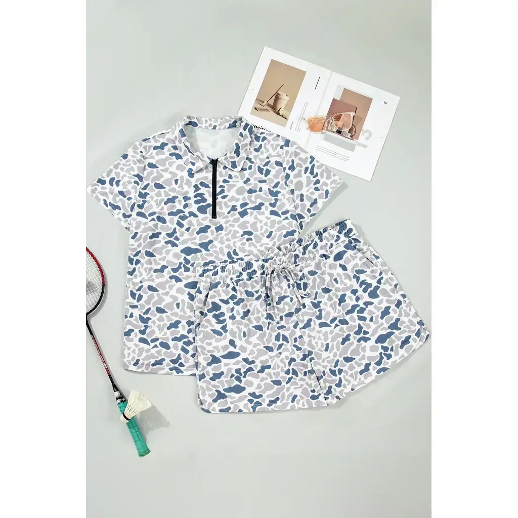 Multicolour Zip up Tee and Short Plus Size Camo Set