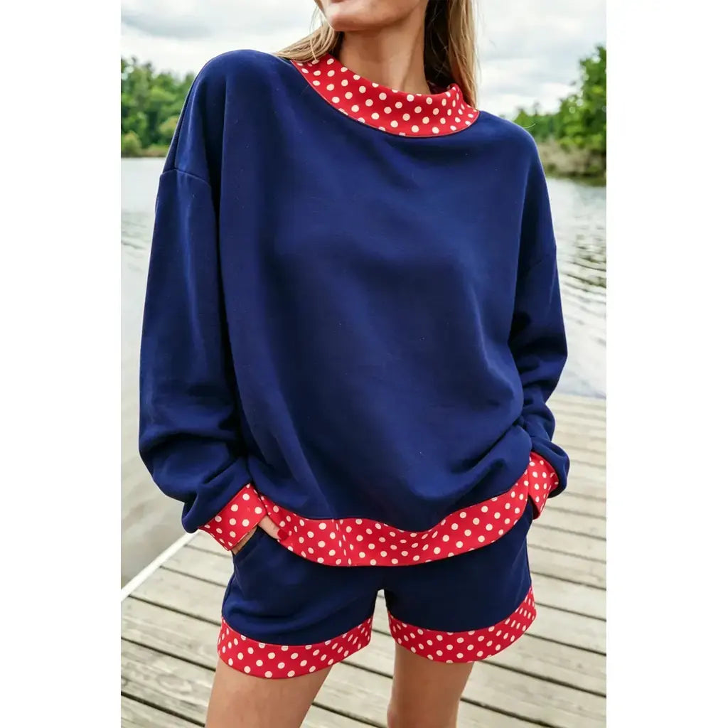 Navy Blue Polka Dot Trim Baggy Pullover 2pcs Short Set