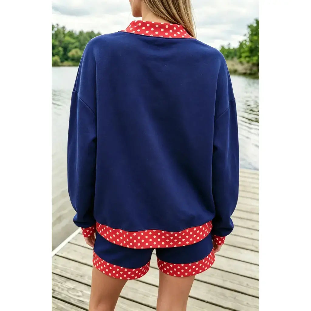 Navy Blue Polka Dot Trim Baggy Pullover 2pcs Short Set