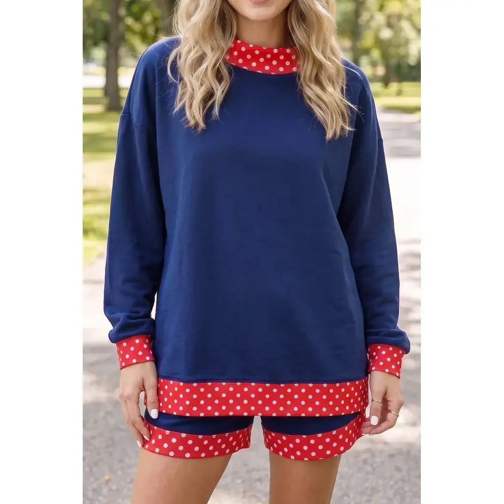 Navy Blue Polka Dot Trim Baggy Pullover 2pcs Short Set