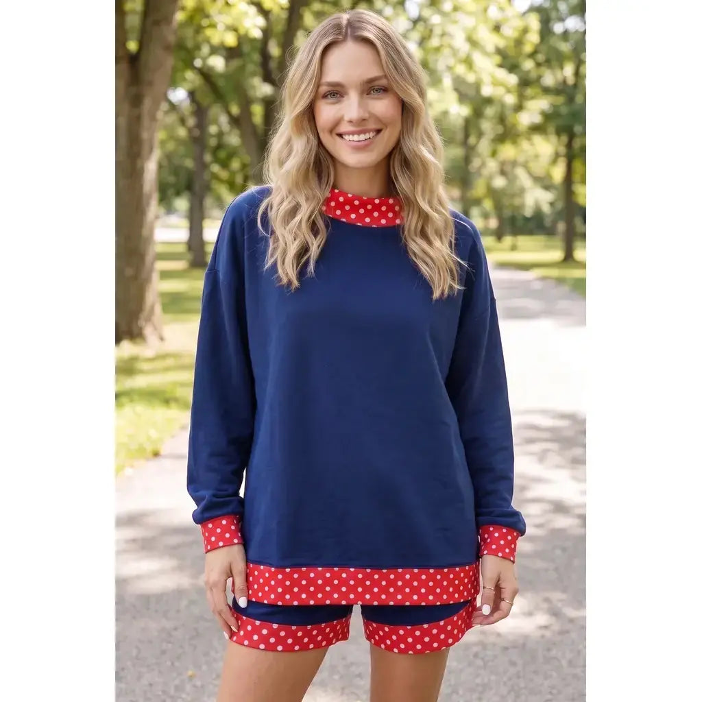 Navy Blue Polka Dot Trim Baggy Pullover 2pcs Short Set