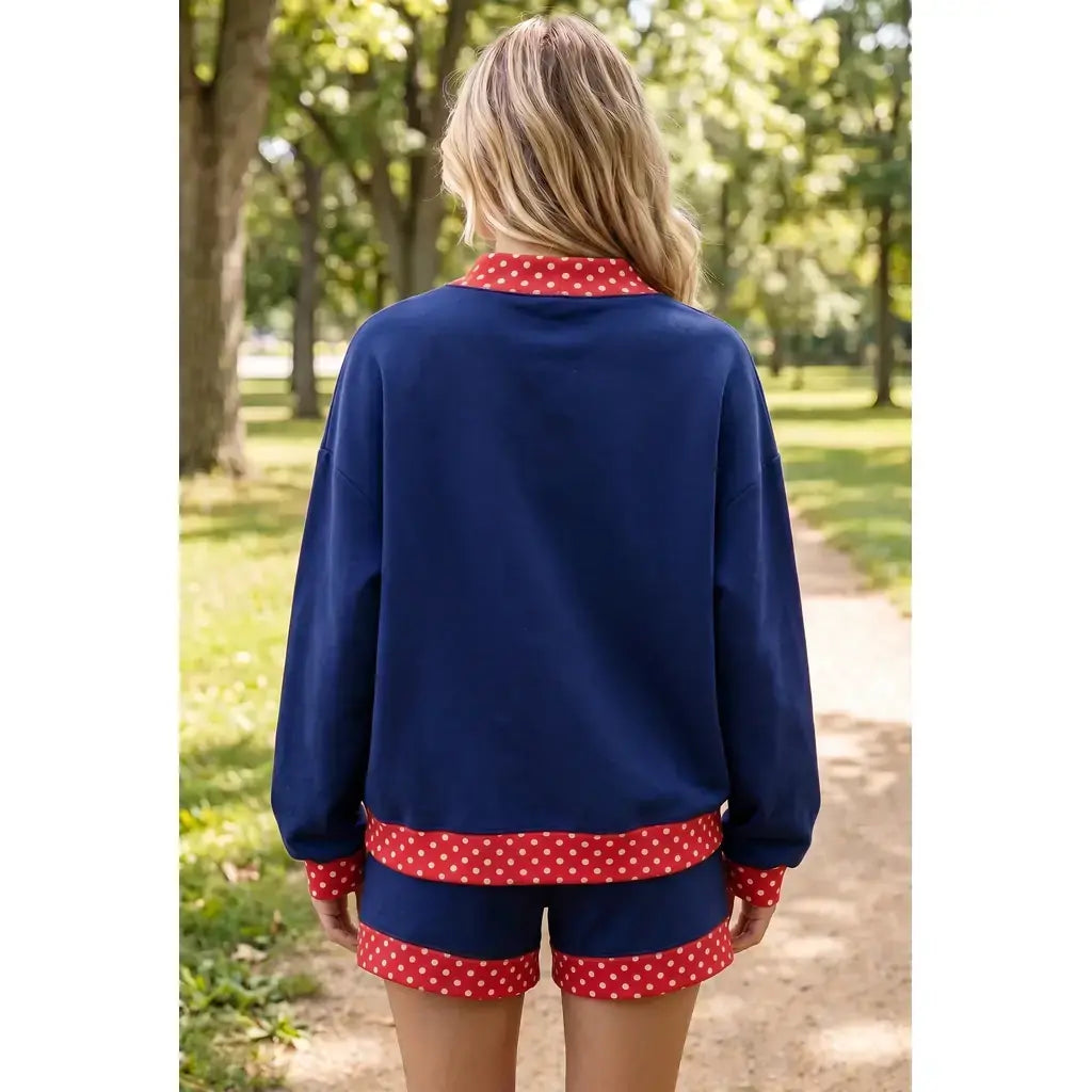 Navy Blue Polka Dot Trim Baggy Pullover 2pcs Short Set