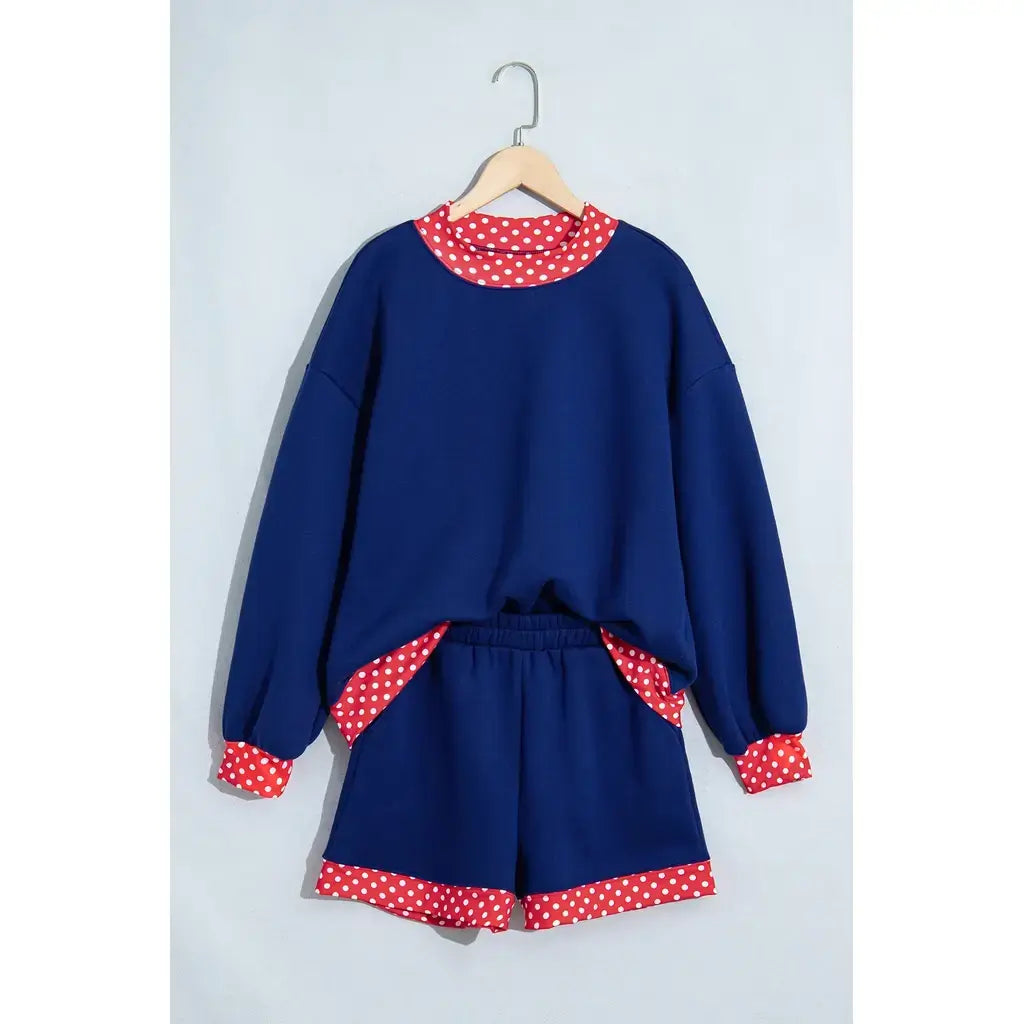 Navy Blue Polka Dot Trim Baggy Pullover 2pcs Short Set