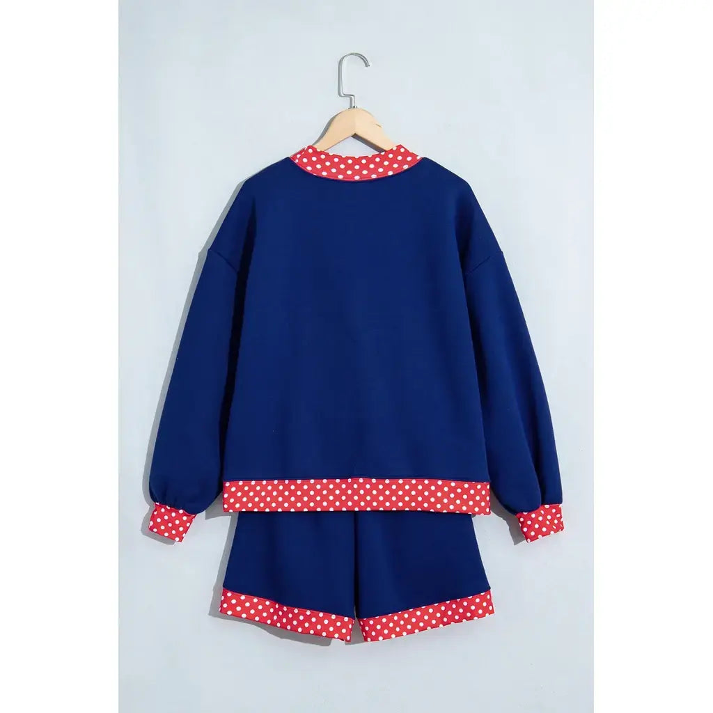 Navy Blue Polka Dot Trim Baggy Pullover 2pcs Short Set