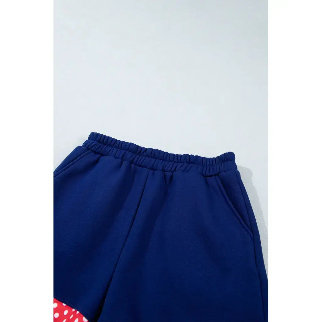 Navy Blue Polka Dot Trim Baggy Pullover 2pcs Short Set