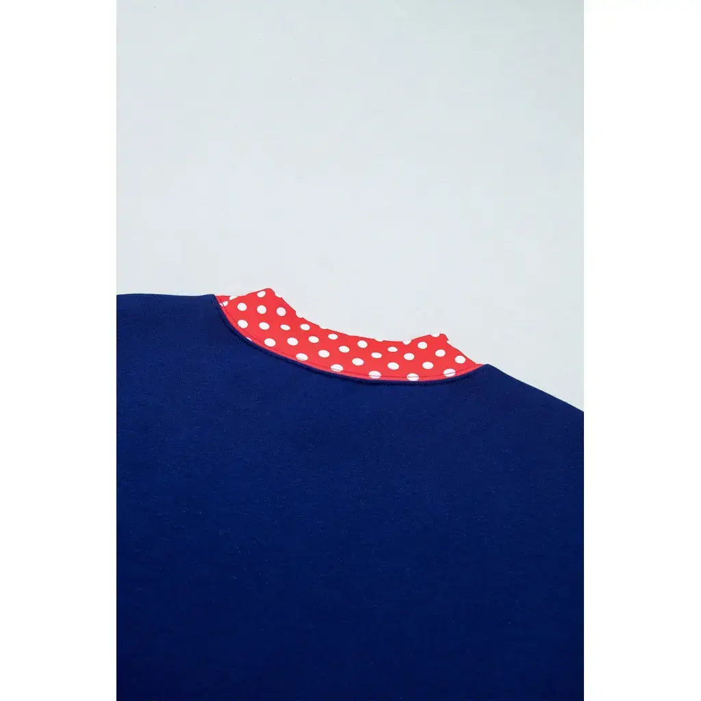 Navy Blue Polka Dot Trim Baggy Pullover 2pcs Short Set