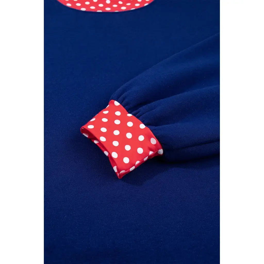 Navy Blue Polka Dot Trim Baggy Pullover 2pcs Short Set