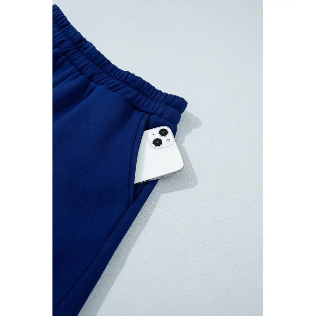 Navy Blue Polka Dot Trim Baggy Pullover 2pcs Short Set