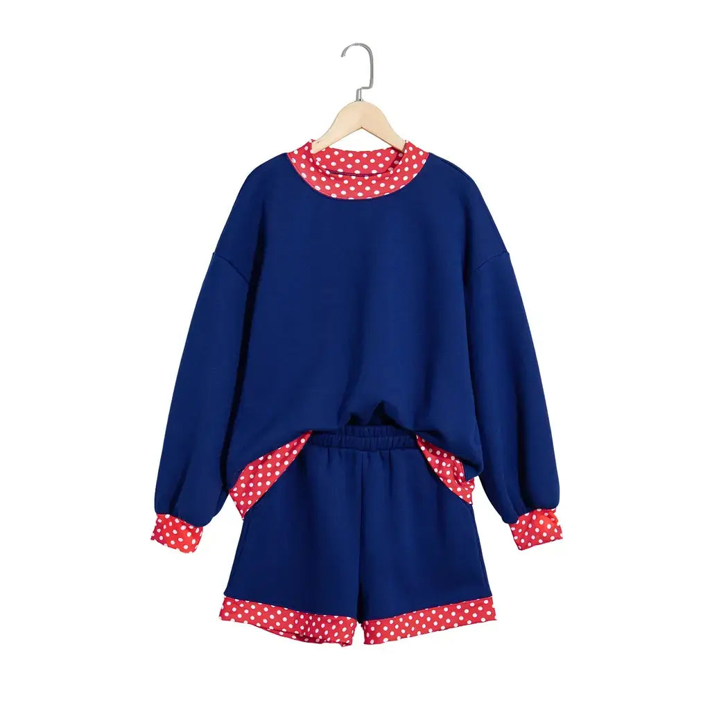 Navy Blue Polka Dot Trim Baggy Pullover 2pcs Short Set