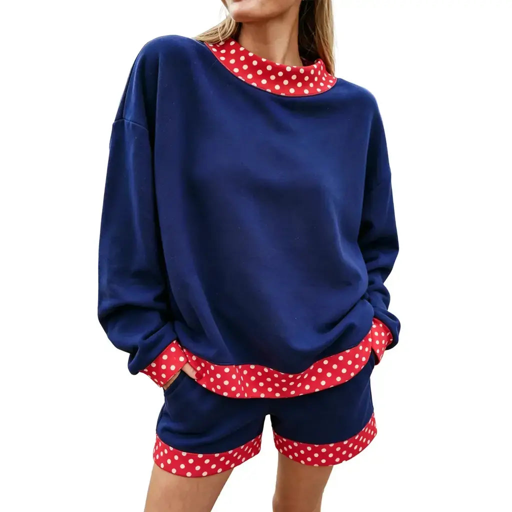 Navy Blue Polka Dot Trim Baggy Pullover 2pcs Short Set