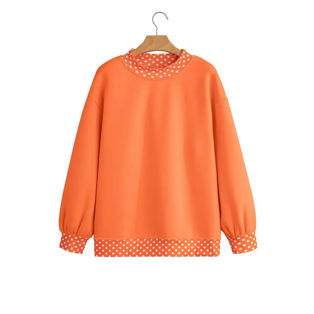 Orange Colorblock Polka Dot Contrast Trim Oversized Sweatshirt
