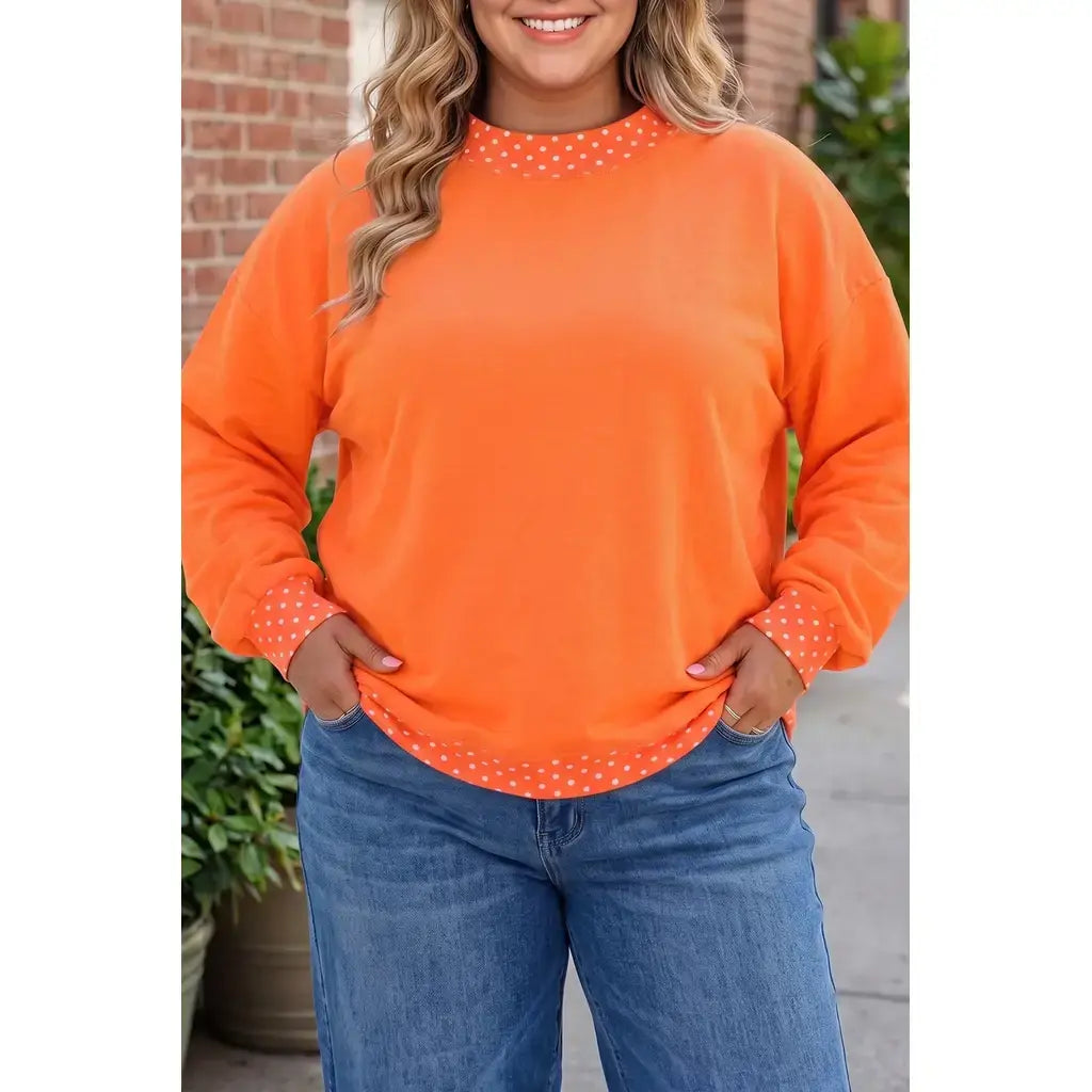 Orange Polka Dot Patchwork Round Neck Plus Size Sweatshirt