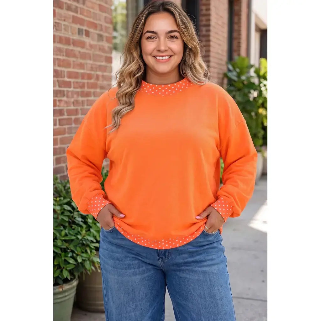 Orange Polka Dot Patchwork Round Neck Plus Size Sweatshirt