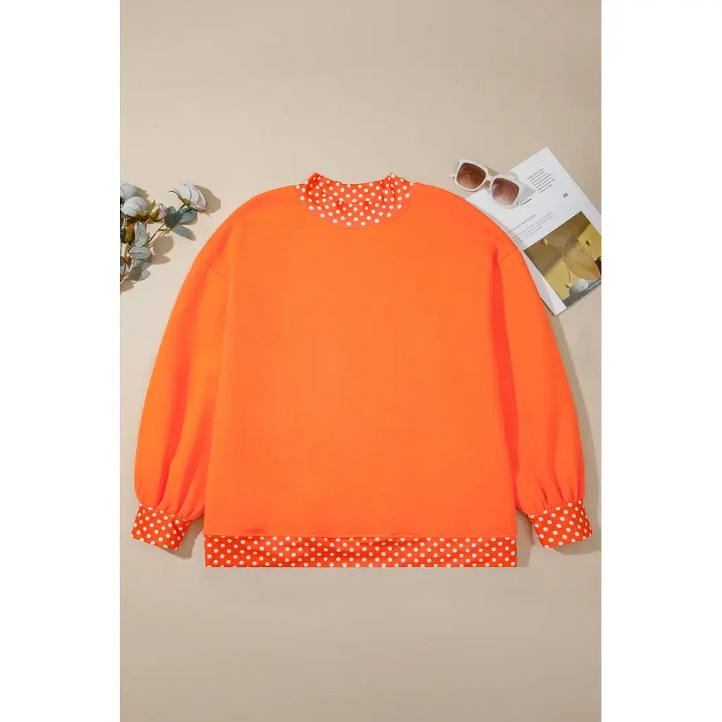 Orange Polka Dot Patchwork Round Neck Plus Size Sweatshirt