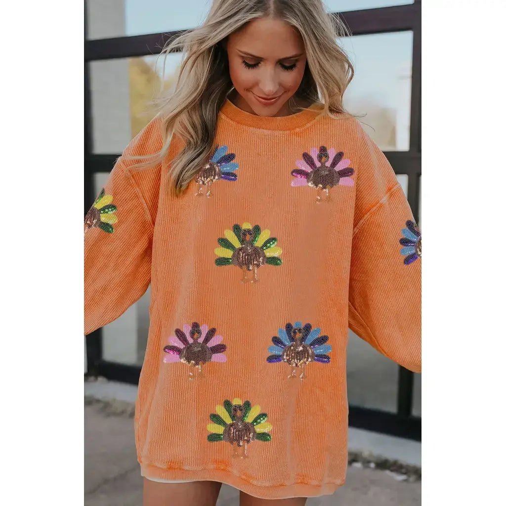 Orange Turkey Graphic Corded Baggy Sweatshirt