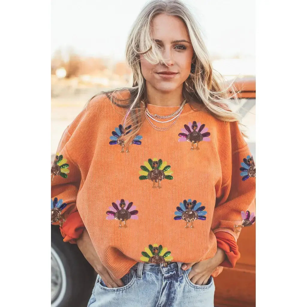 Orange Turkey Graphic Corded Baggy Sweatshirt