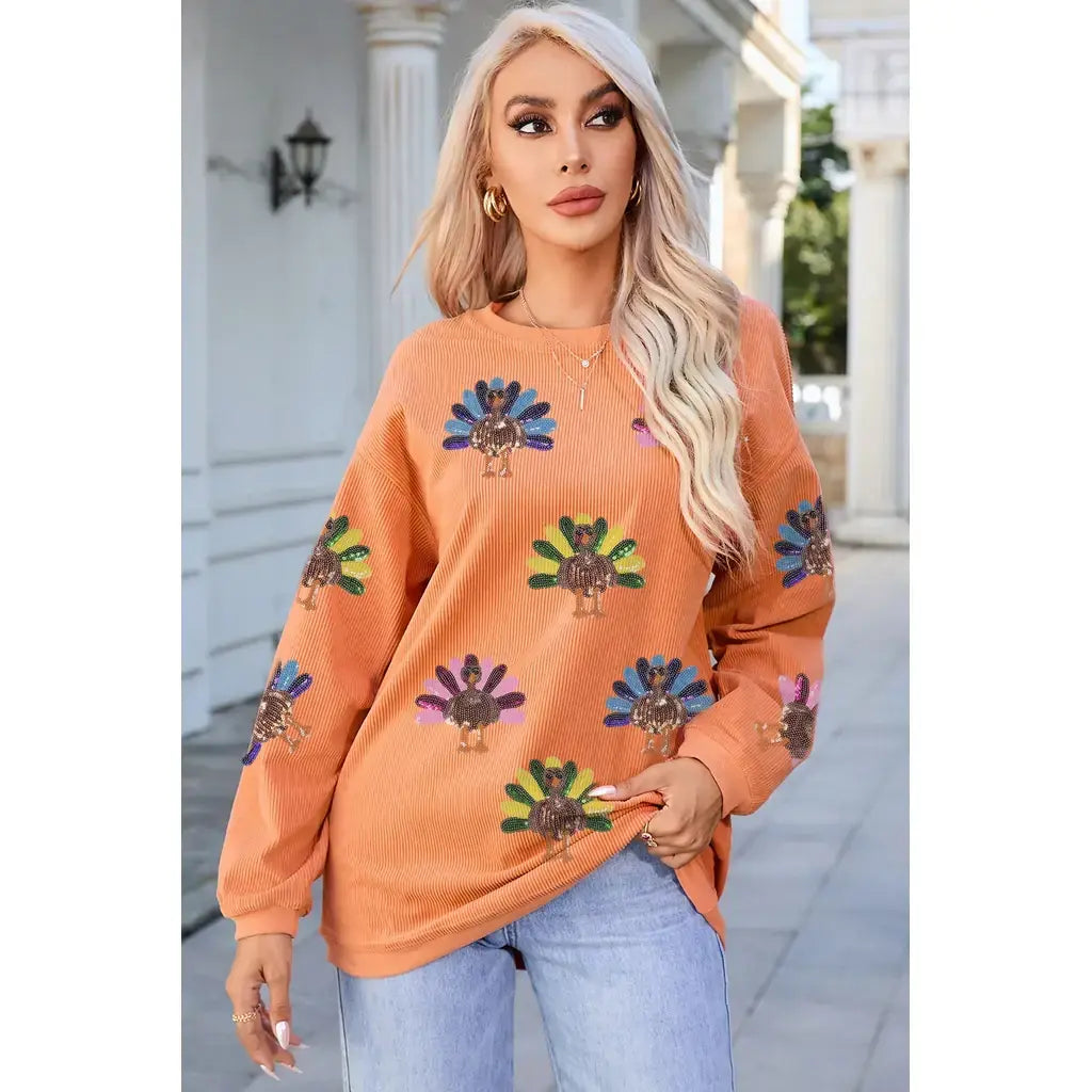 Orange Turkey Graphic Corded Baggy Sweatshirt