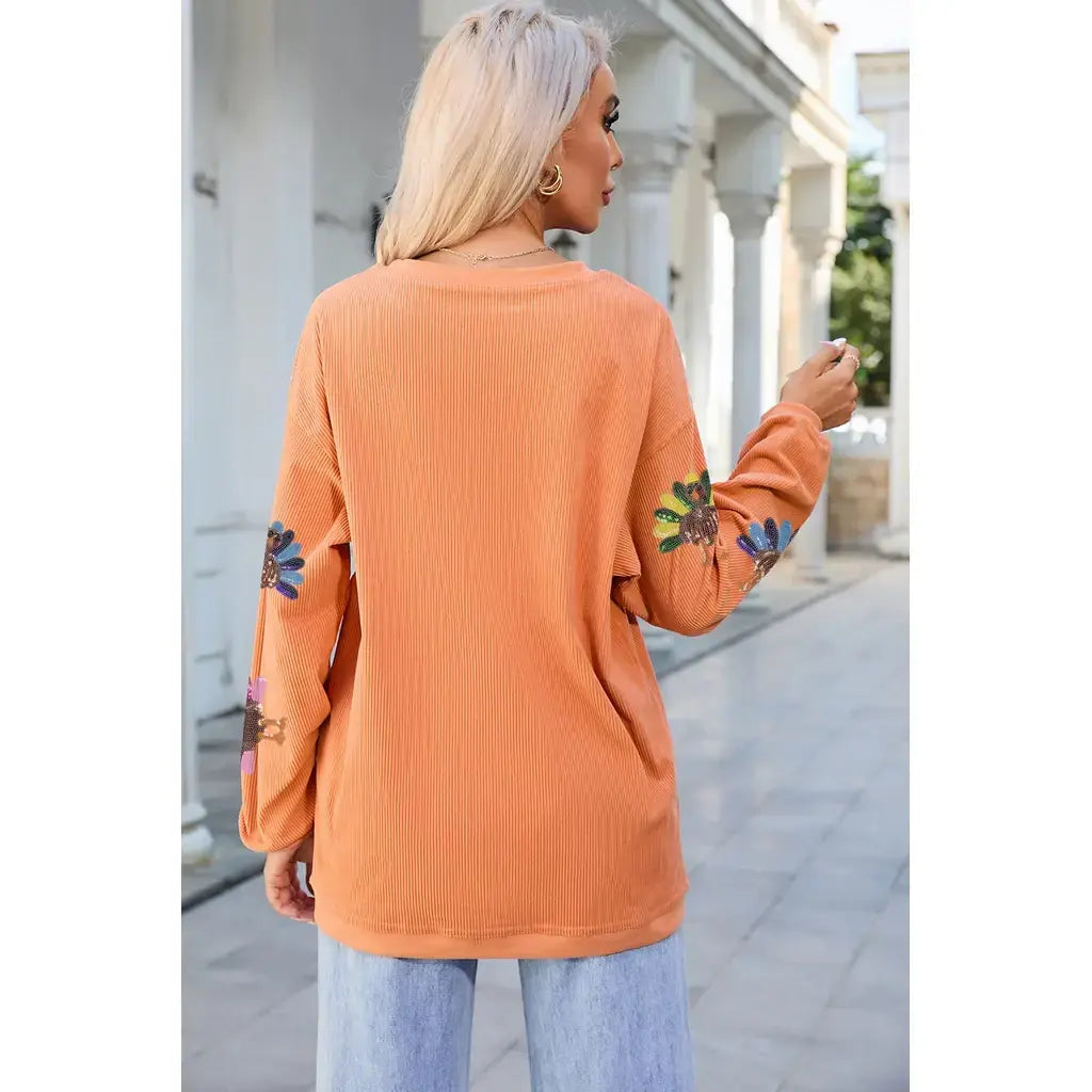 Orange Turkey Graphic Corded Baggy Sweatshirt