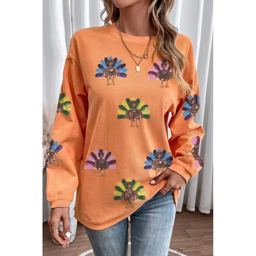 Orange Turkey Graphic Corded Baggy Sweatshirt