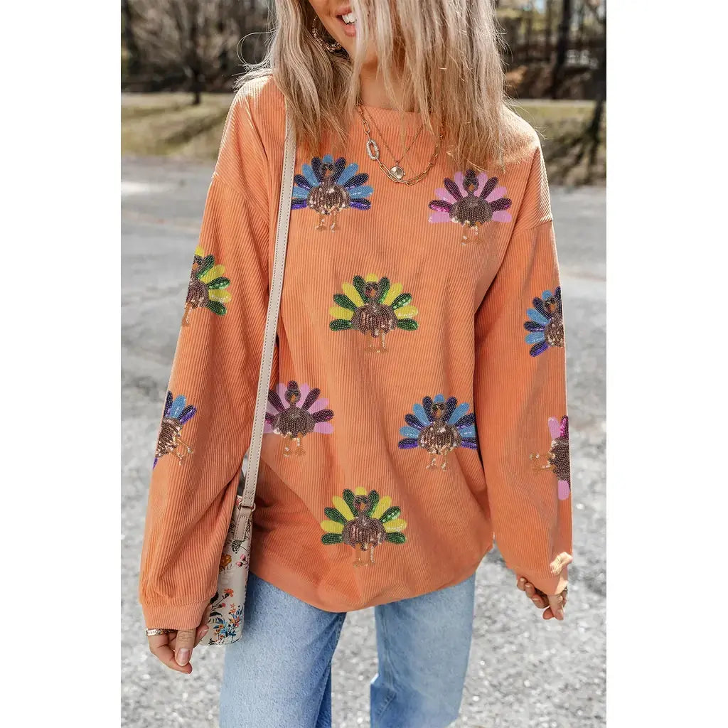 Orange Turkey Graphic Corded Baggy Sweatshirt