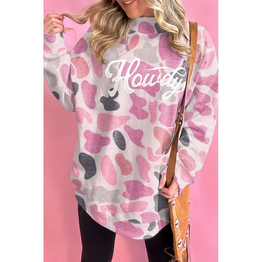 Pink Camo Print Howdy Western Style Baggy Pullover Sweatshirt