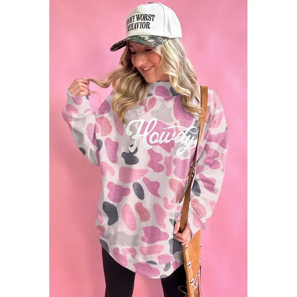 Pink Camo Print Howdy Western Style Baggy Pullover Sweatshirt