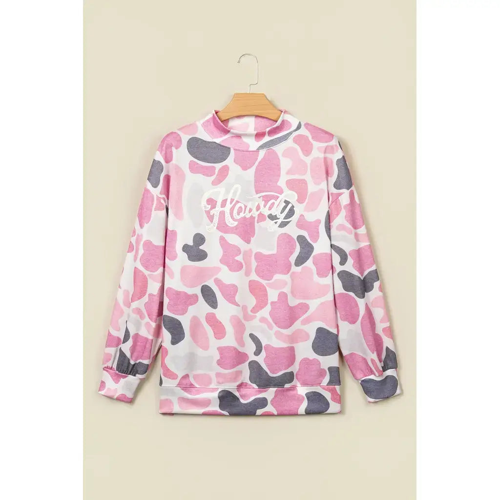 Pink Camo Print Howdy Western Style Baggy Pullover Sweatshirt
