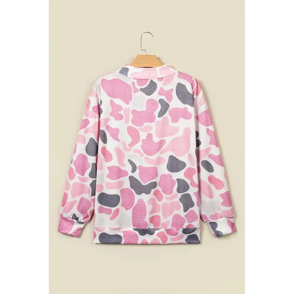 Pink Camo Print Howdy Western Style Baggy Pullover Sweatshirt