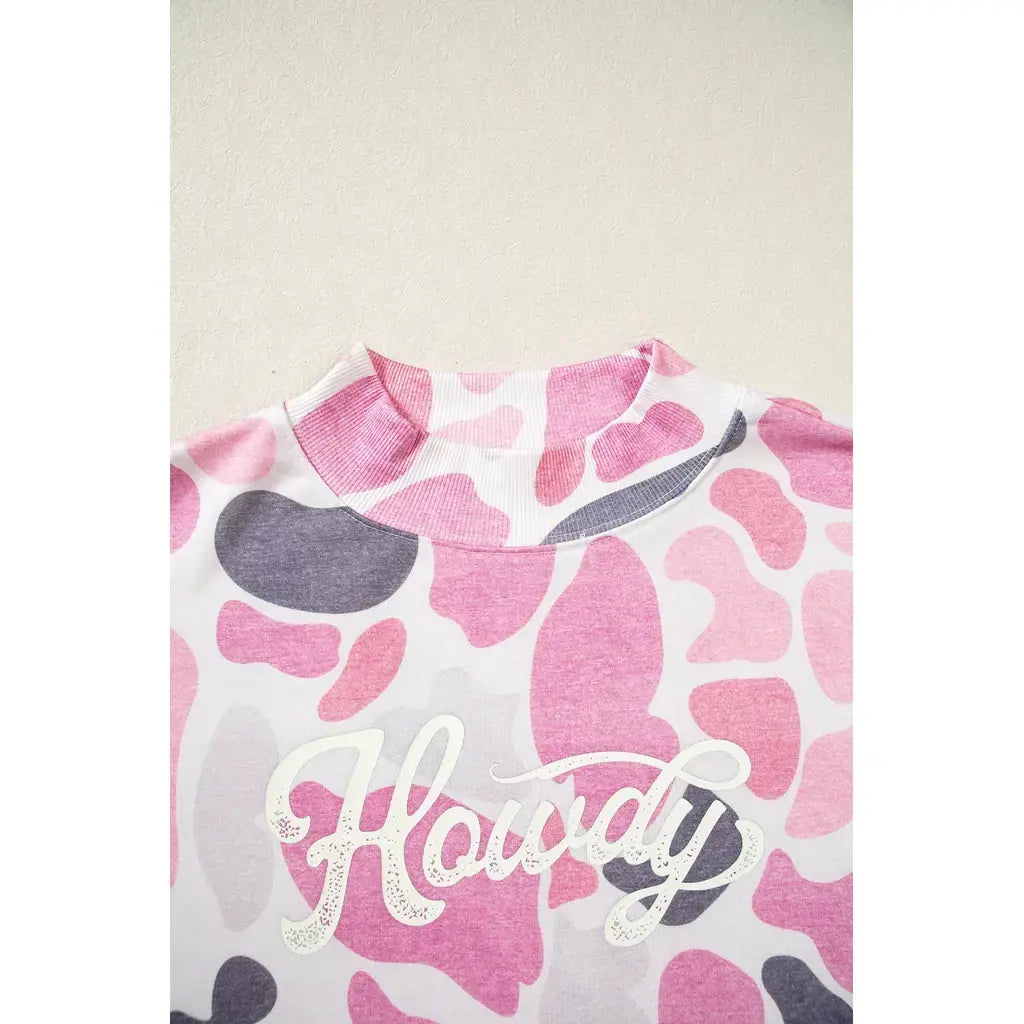 Pink Camo Print Howdy Western Style Baggy Pullover Sweatshirt