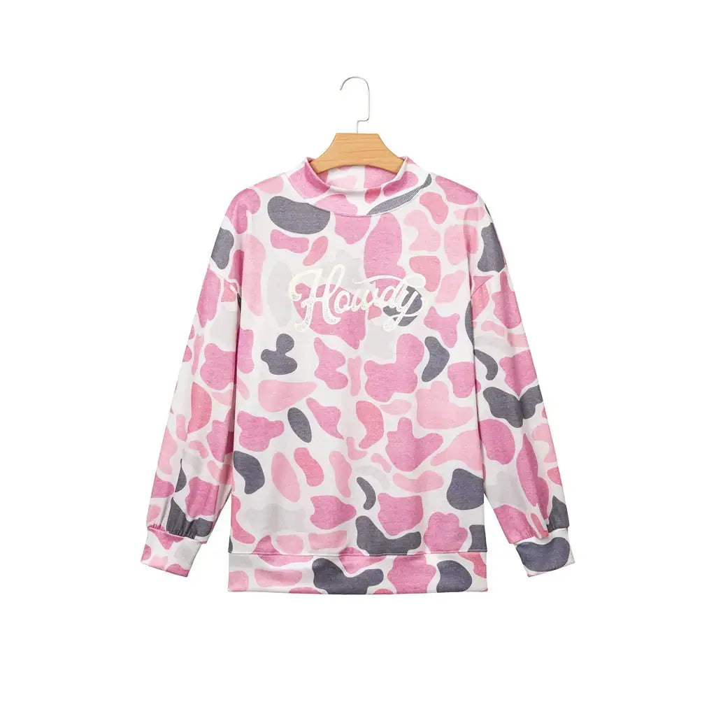 Pink Camo Print Howdy Western Style Baggy Pullover Sweatshirt