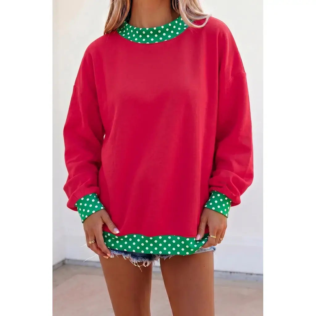 Racing Red Colorblock Polka Dot Contrast Trim Oversized Sweatshirt