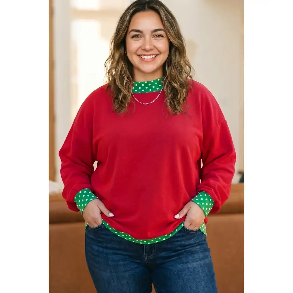 Racing Red Polka Dot Patchwork Round Neck Plus Size Sweatshirt