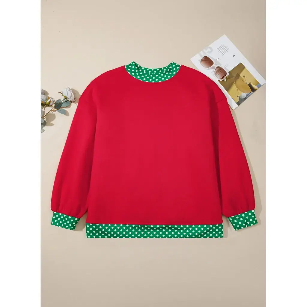 Racing Red Polka Dot Patchwork Round Neck Plus Size Sweatshirt