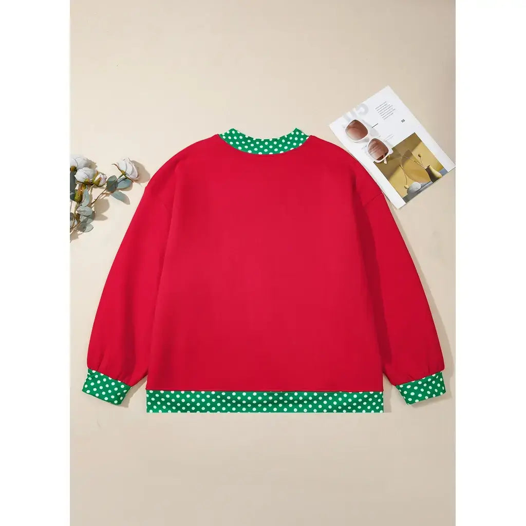Racing Red Polka Dot Patchwork Round Neck Plus Size Sweatshirt