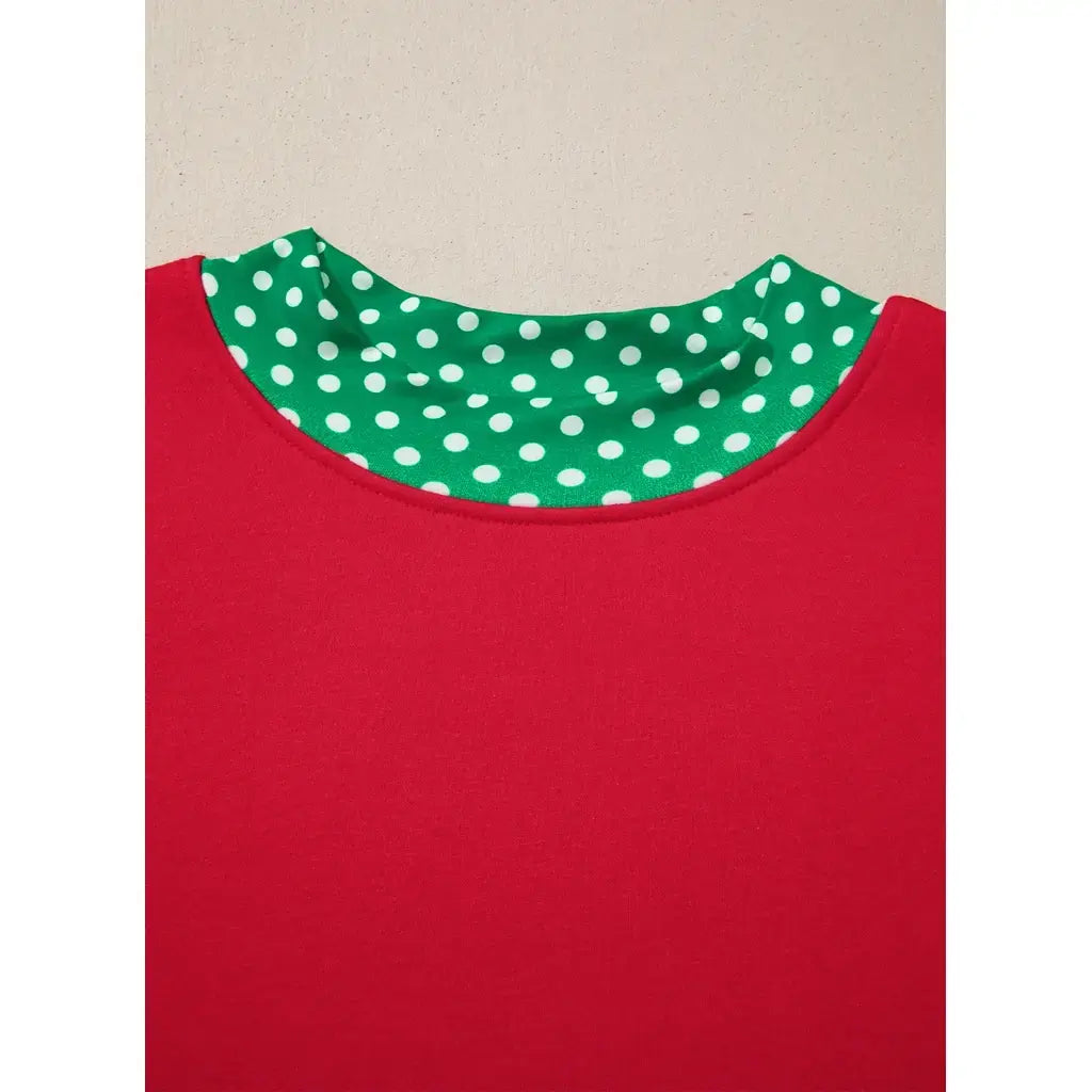 Racing Red Polka Dot Patchwork Round Neck Plus Size Sweatshirt