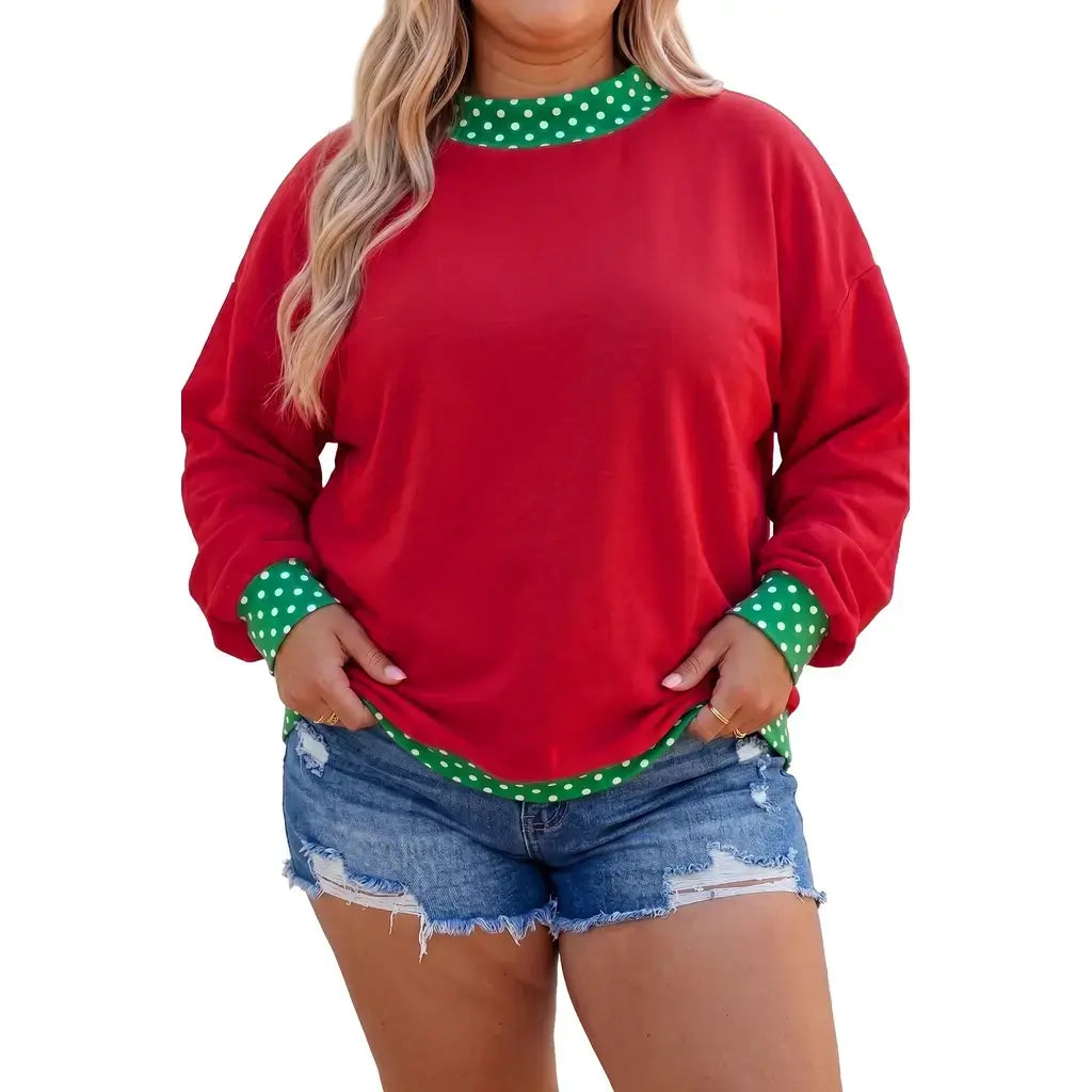 Racing Red Polka Dot Patchwork Round Neck Plus Size Sweatshirt