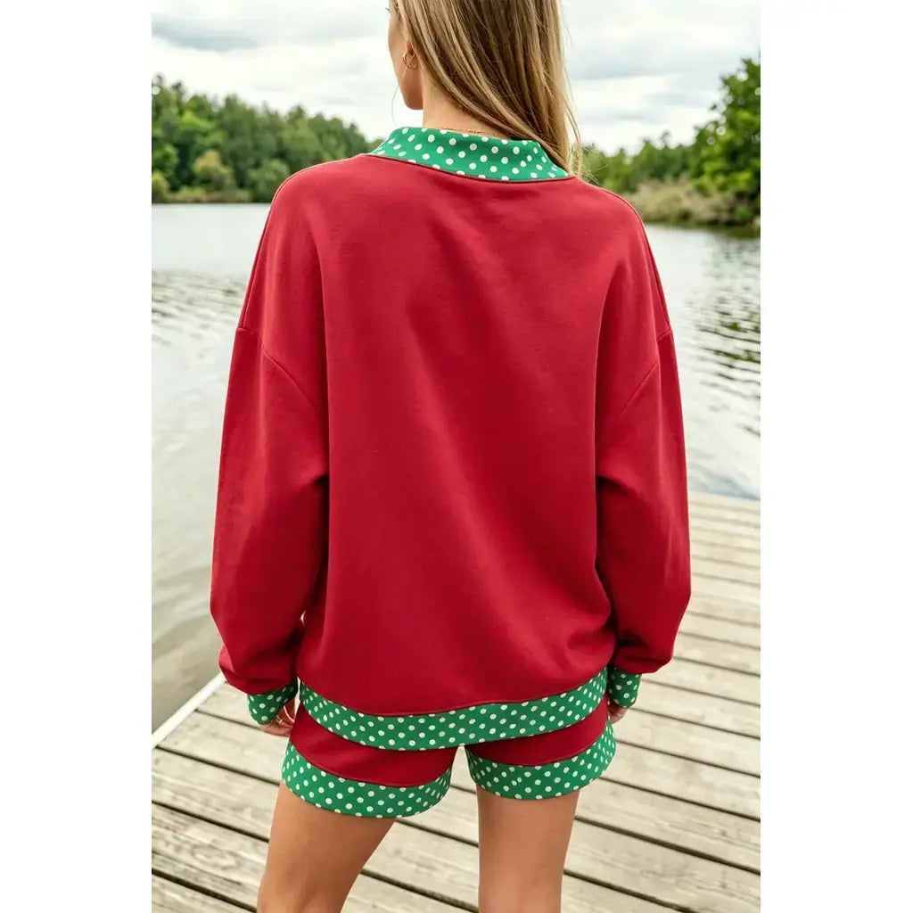 Racing Red Polka Dot Trim Baggy Pullover 2pcs Short Set