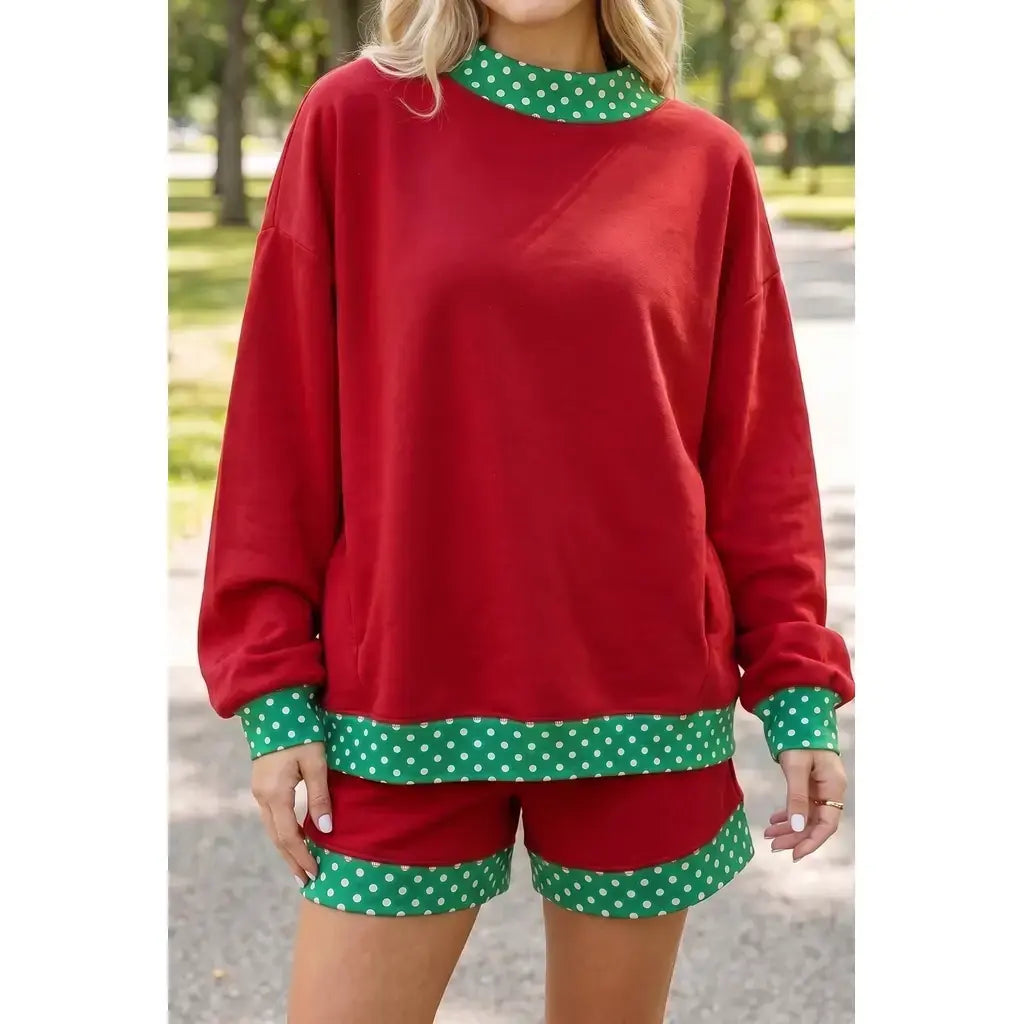 Racing Red Polka Dot Trim Baggy Pullover 2pcs Short Set