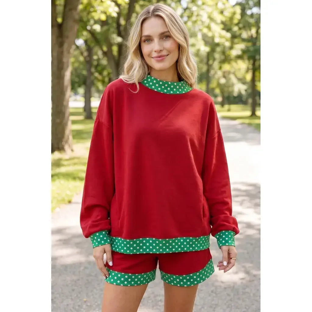 Racing Red Polka Dot Trim Baggy Pullover 2pcs Short Set