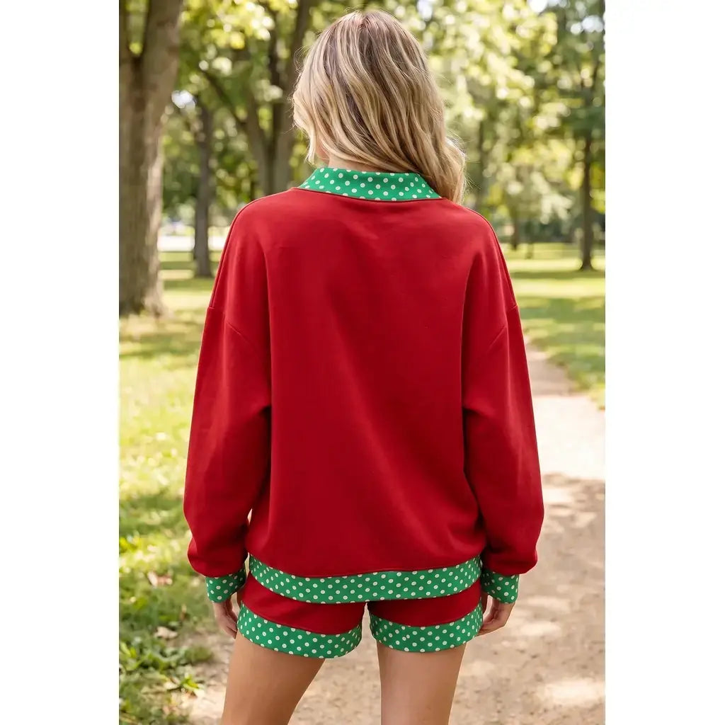 Racing Red Polka Dot Trim Baggy Pullover 2pcs Short Set