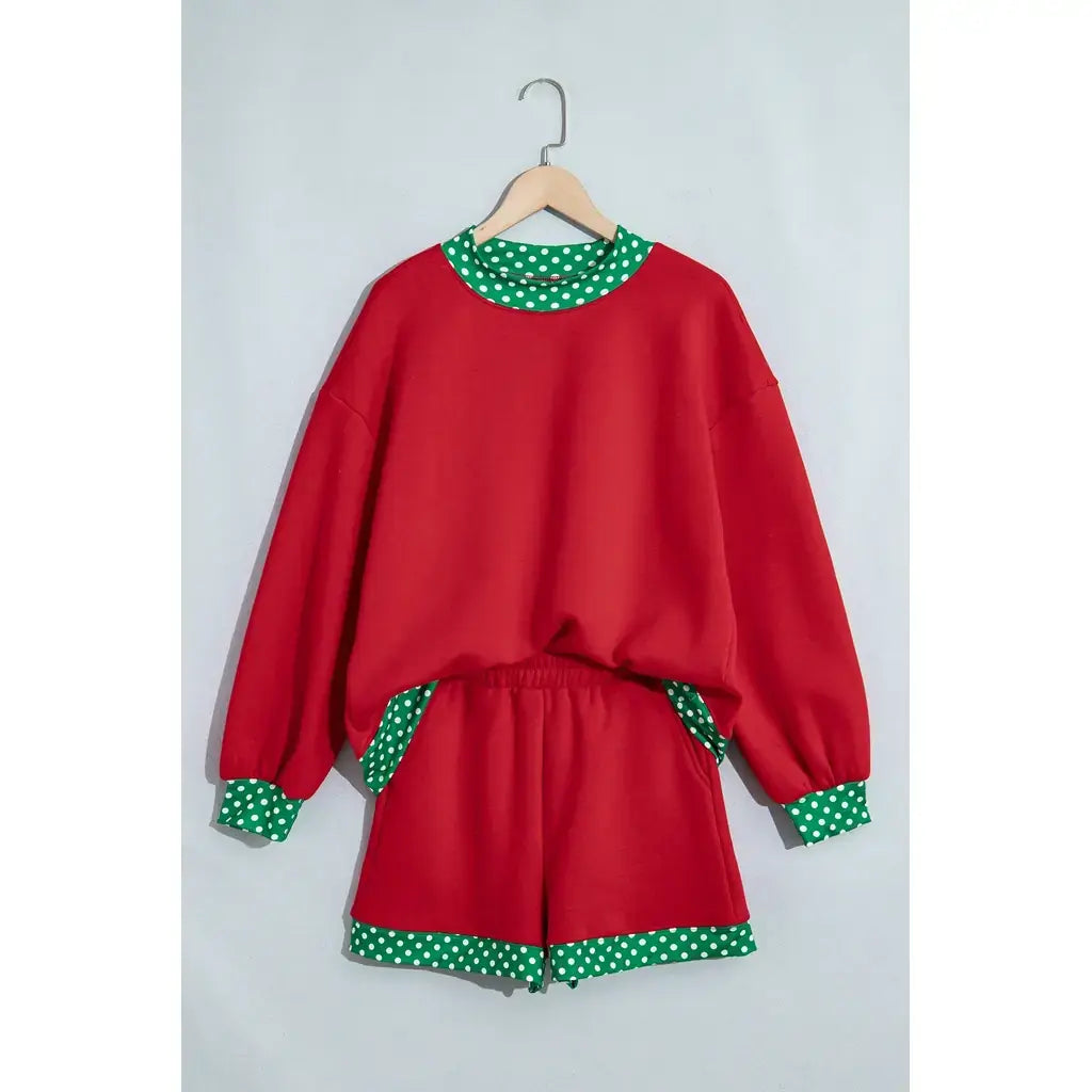 Racing Red Polka Dot Trim Baggy Pullover 2pcs Short Set