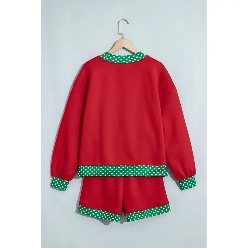 Racing Red Polka Dot Trim Baggy Pullover 2pcs Short Set
