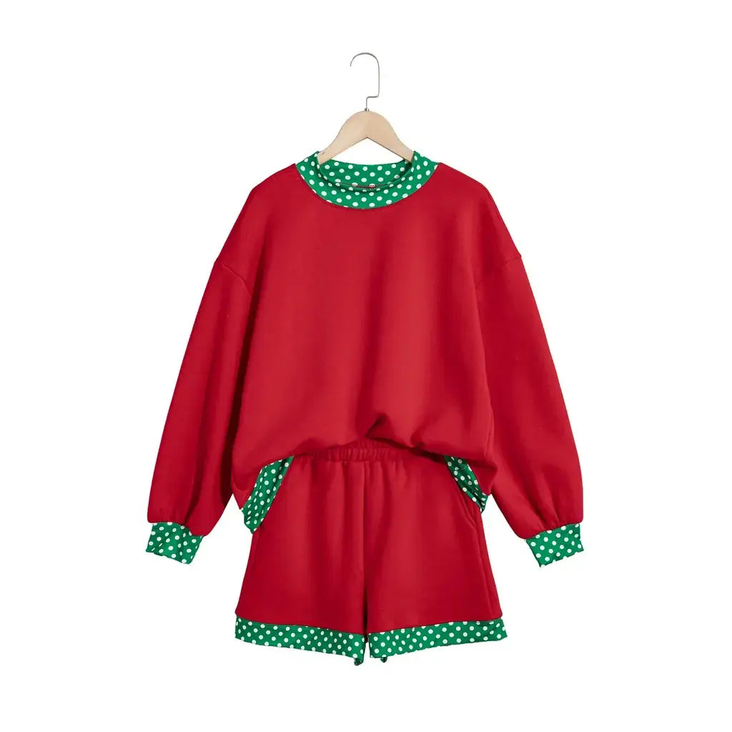 Racing Red Polka Dot Trim Baggy Pullover 2pcs Short Set