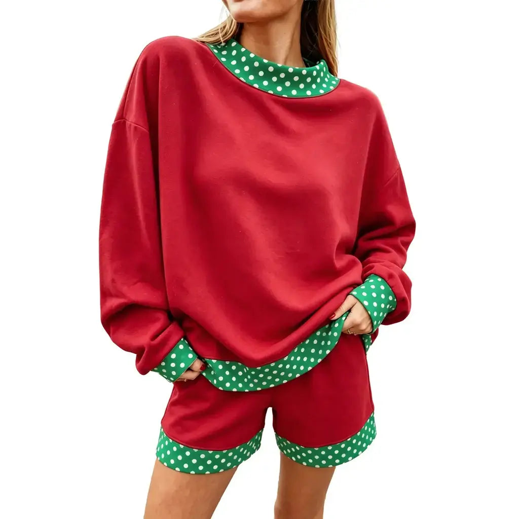 Racing Red Polka Dot Trim Baggy Pullover 2pcs Short Set