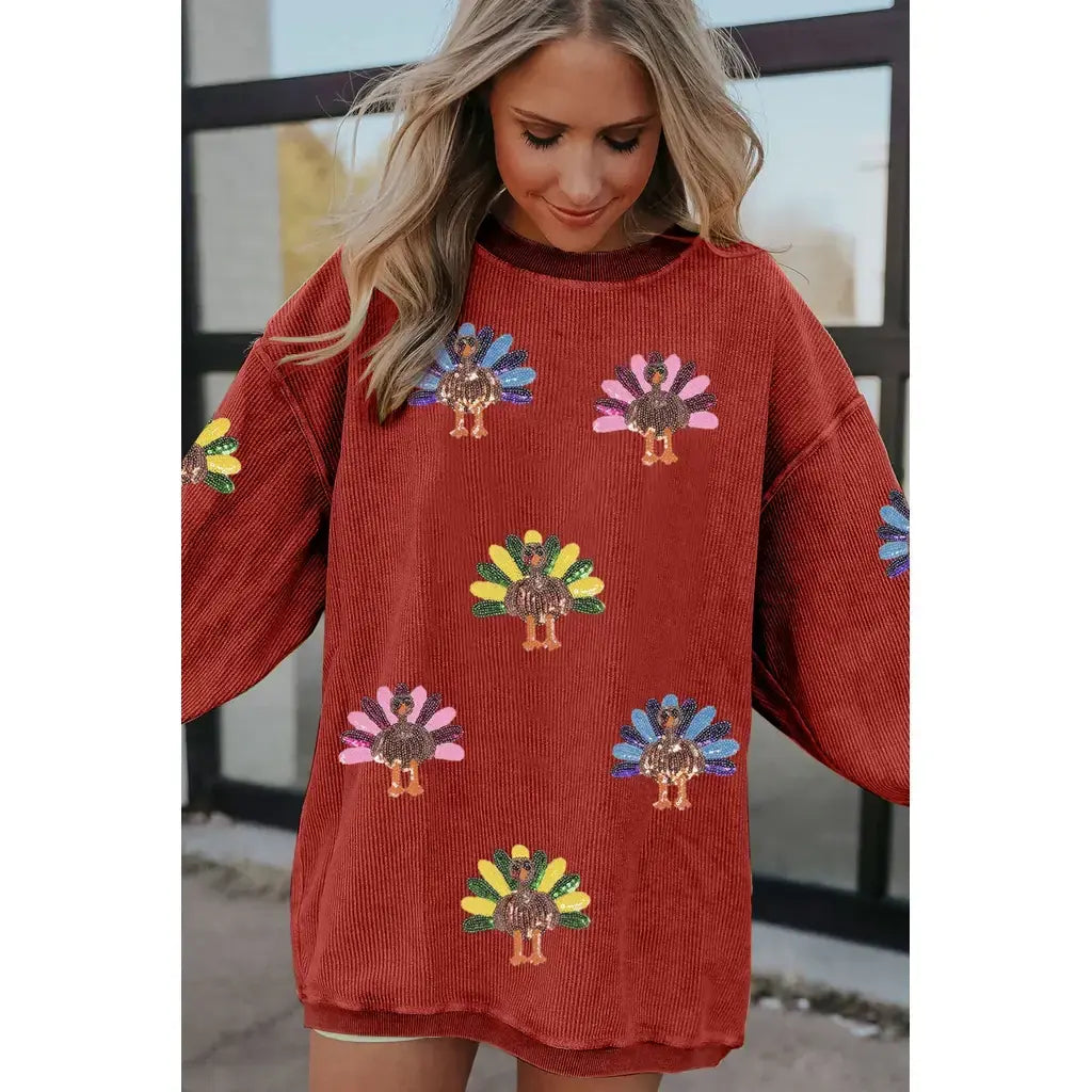 Racing Red Turkey Graphic Corded Baggy Sweatshirt